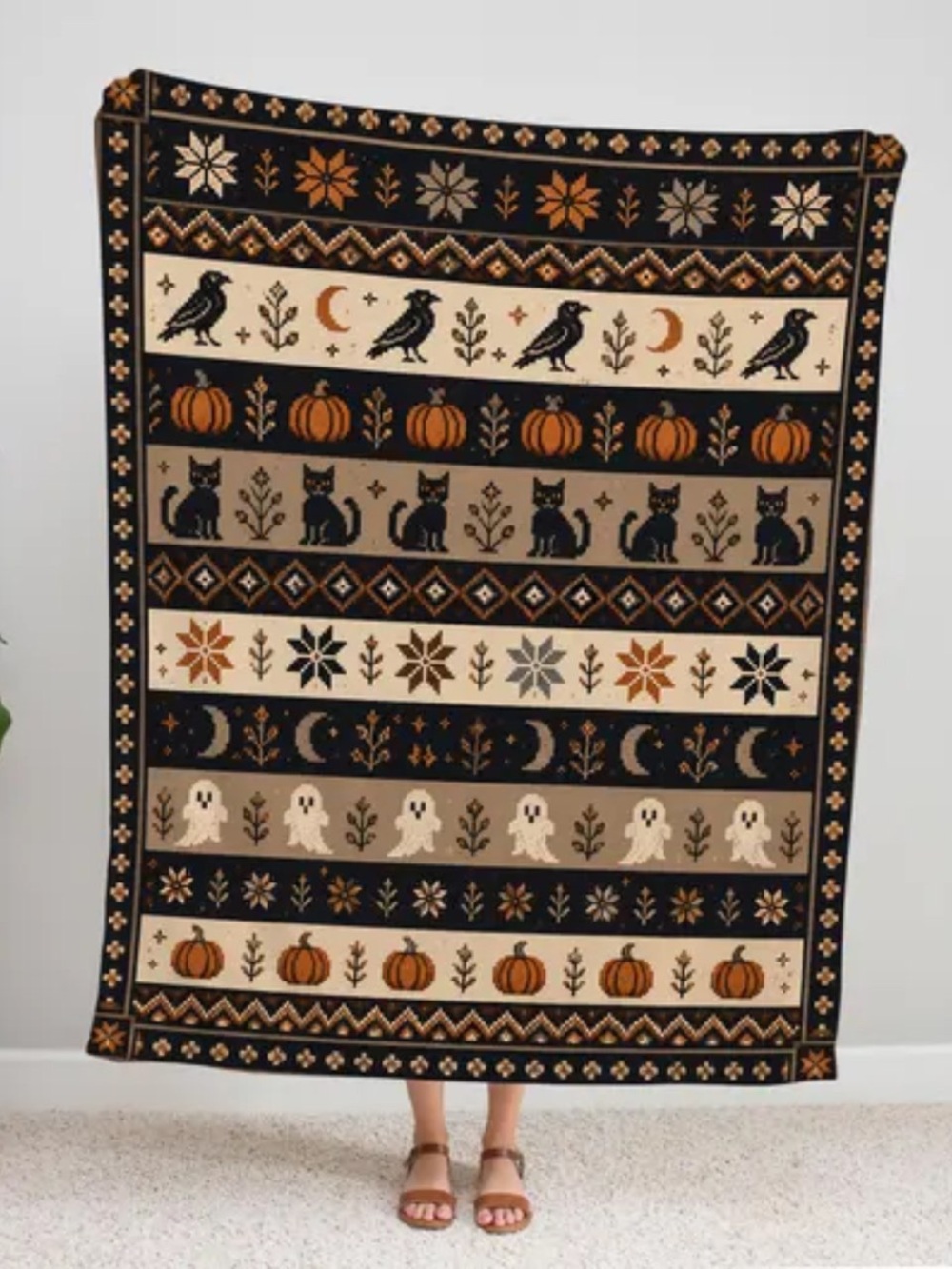 Halloween Knit Throw Blanket - Black, Orange, Cream